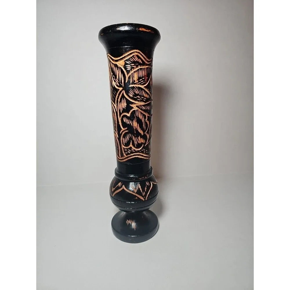 Vintage Dark Brown Hand Carved Wooden Pedastal Vase